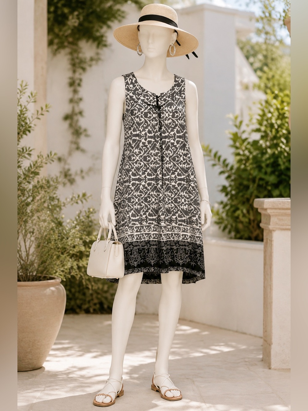 Sleeveless Gray and White Printed Midi Dress with Contrast Border
